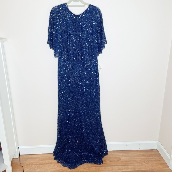 Mac Duggal 4808 Sequin V-neck Cape Sleeve Beaded Waist Gown Midnight 14 - Picture 9 of 12